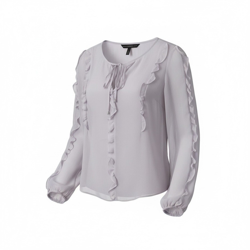 WHITE HOUSE BLACK MARKET Womens Sheer Ruffle Tie Neck Long Sleeve Blouse Top‎ S